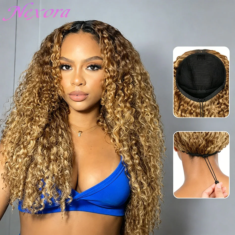 

P4/27 Highlight Burmese Curly Half Wig Human Hair 200 Density 3 In 1 Seamless Flip Over Glueless Wig Beginner Friendly For Women