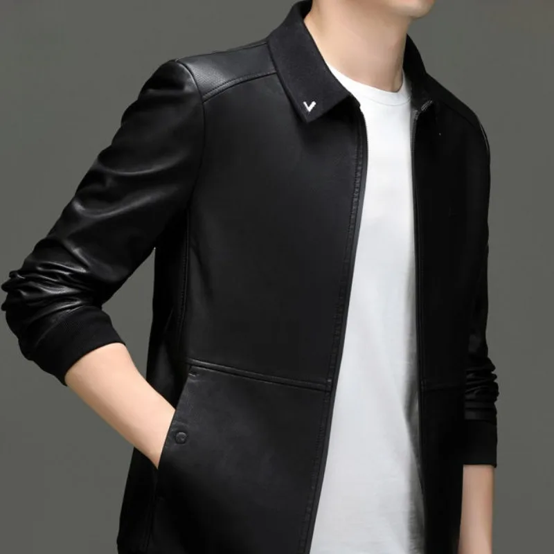 

2023 New men Winter Faux Leather clothing short thin Overcoat plus fleece thick Jacket turn-down collar loose fashion Outwear