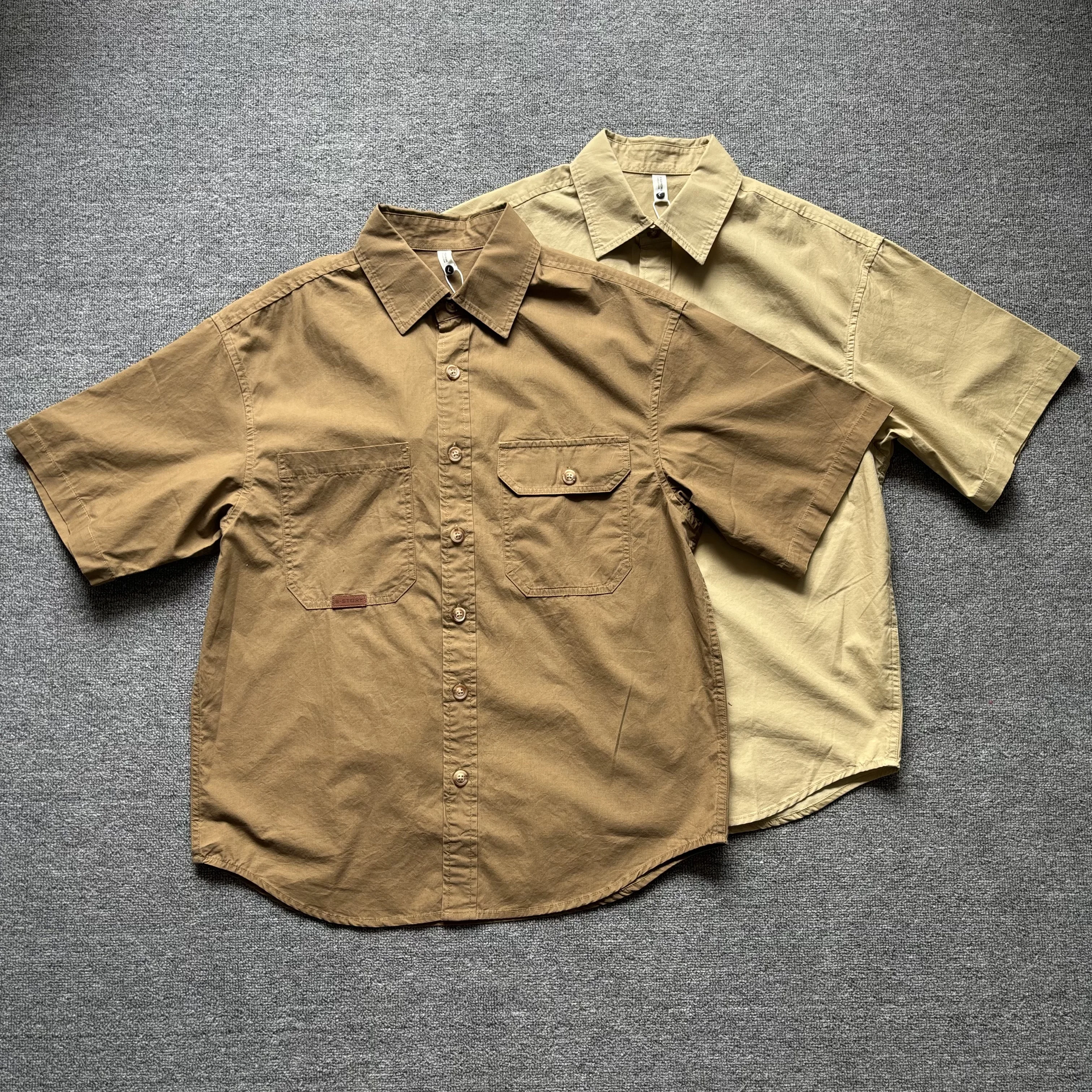 Spring and summer retro workwear pure cotton short-sleeved lapel shirt for men casual solid color loose T
