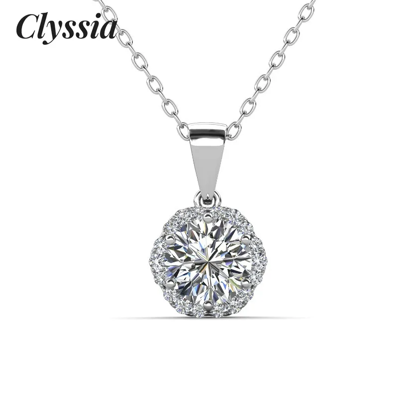 

CLYSSIA D VVS1 Moissanite Pendant Necklace 925 Sterling Silver 18K White Gold Plated Drop Necklace Bridal Gift Idea with GRA