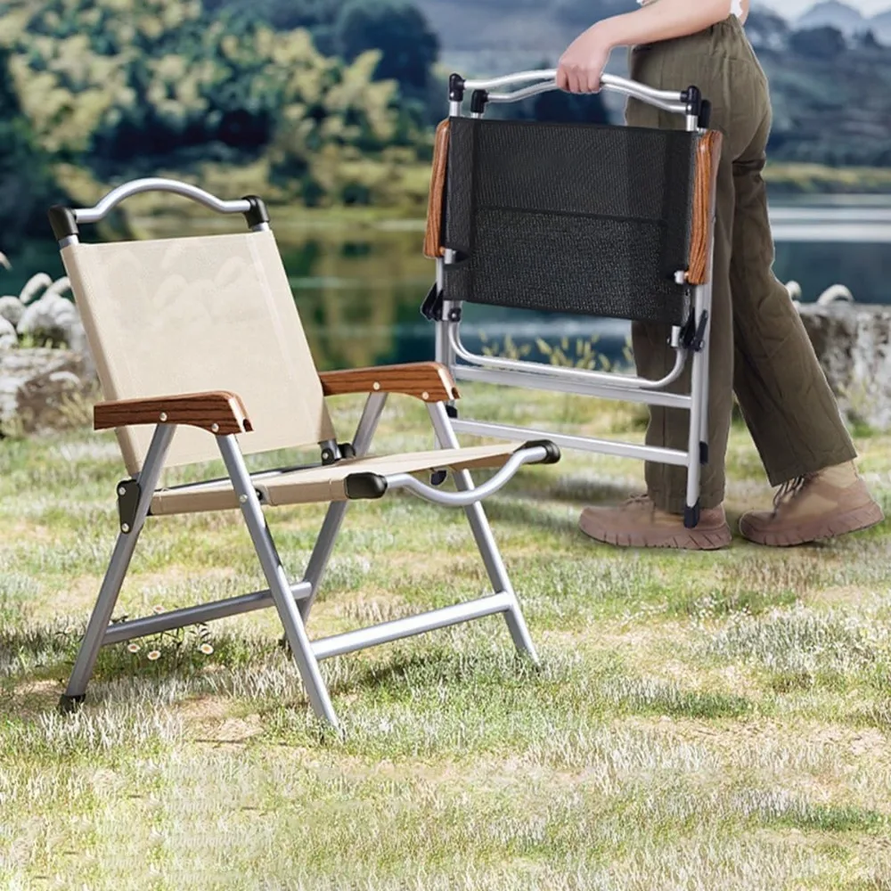 Conjunto de 2 cadeiras dobráveis ao ar livre, cadeiras portáteis de metal para praia e acampamento com tecido respirável para uso no pátio