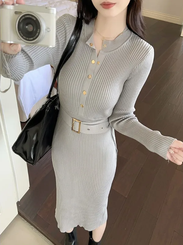 

Ele Long Sve Knitted Dr Slimming Mid-Thigh High Split Autumn Winter Belted Women's Faion Dr Knee-Length Dr