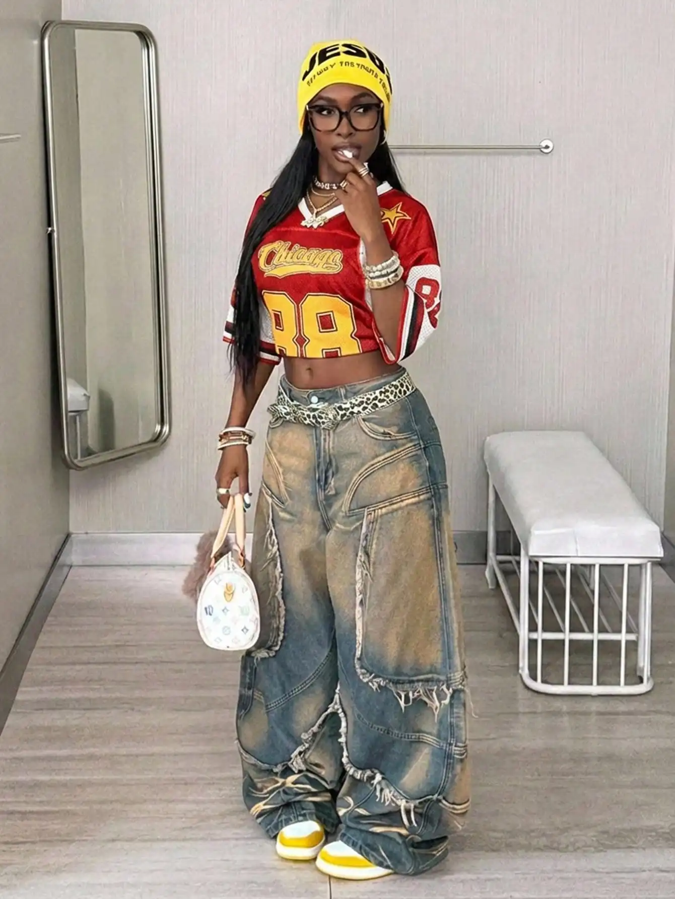 

Women's Oversized V-Neck Football Jersey Top With Number 88 And Letter Print