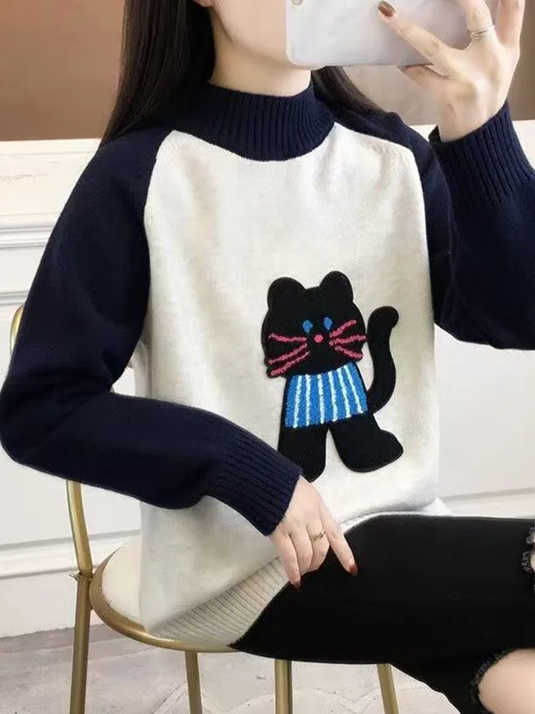 

Cartoon Print Knitwear Women's Autumn Winter Color Blo Sve Base Layer irt Cute Girl Student Warm Thermal Top