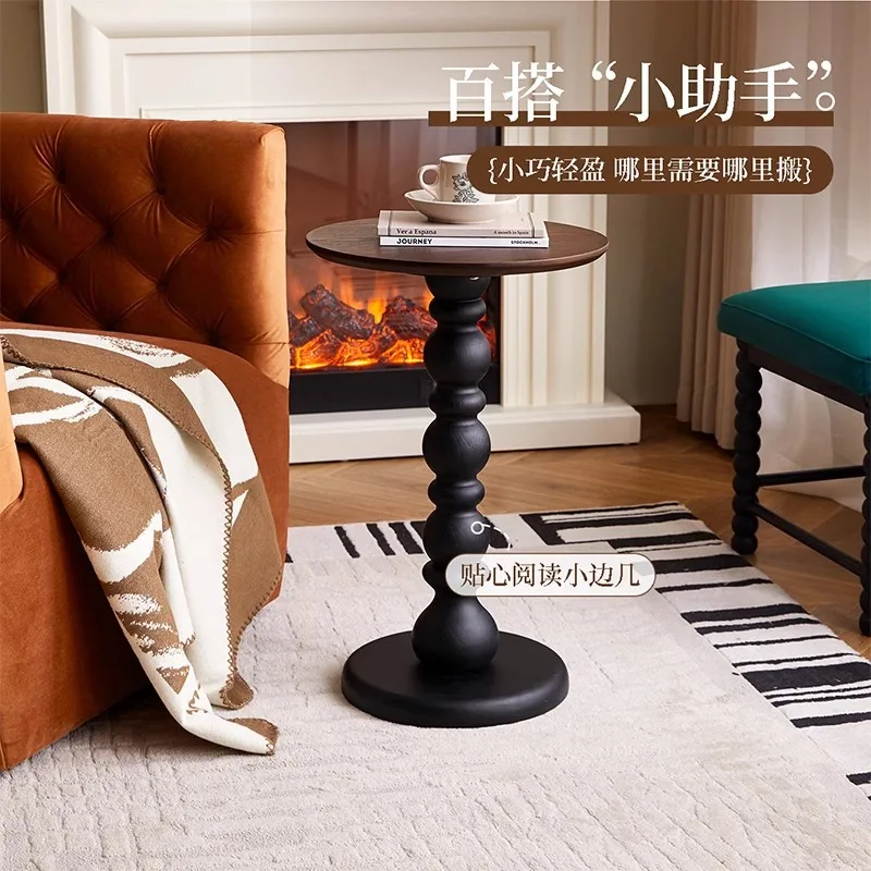 

French small side table solid wood retro coffee small round balcony coffee bedside small side two-color