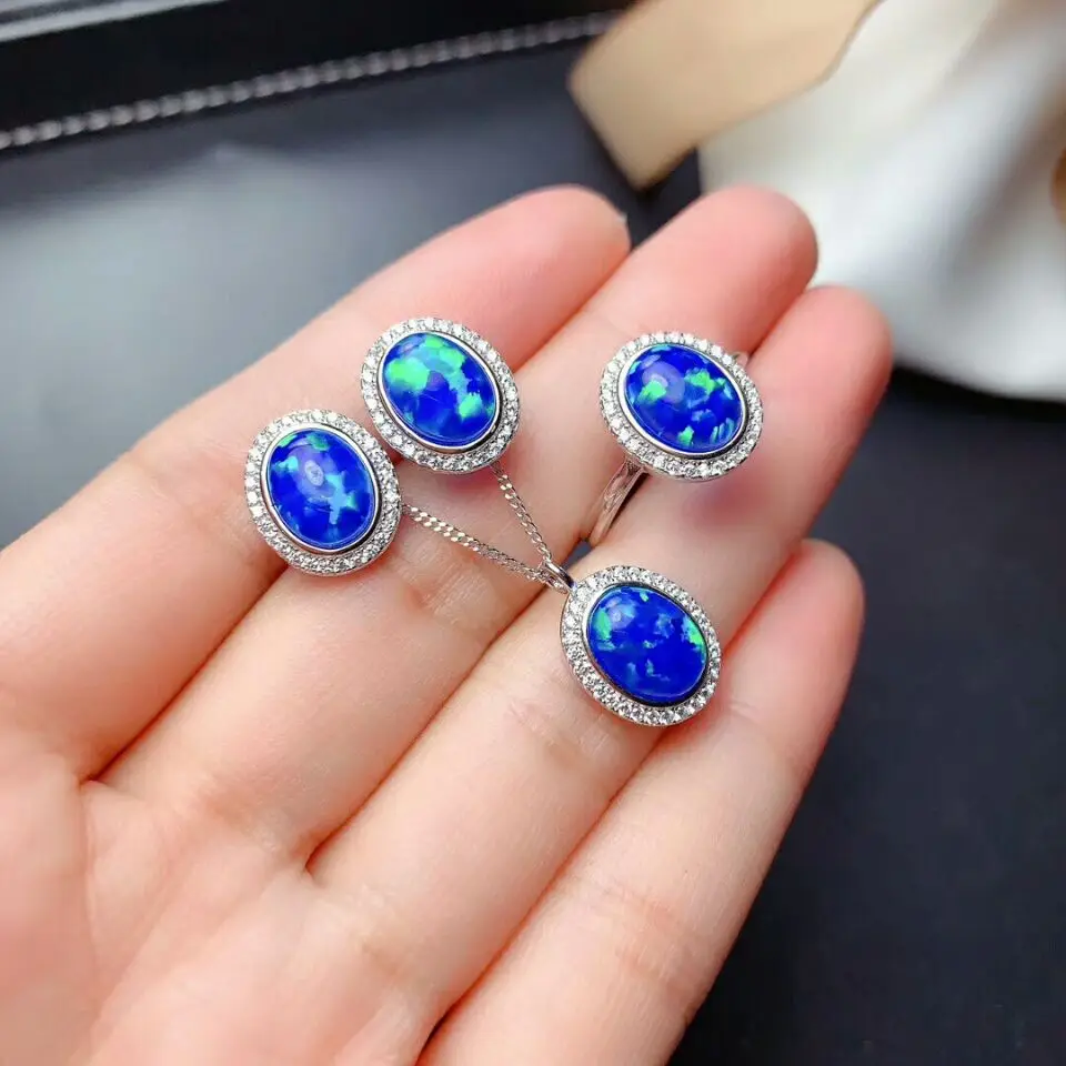 MeiBaPJ Blue Opal Gemstone Ellips Earrings Ring and Necklace 3 pieces Siut for Women Real 925 Sterling Silver Fine Jewelry Set