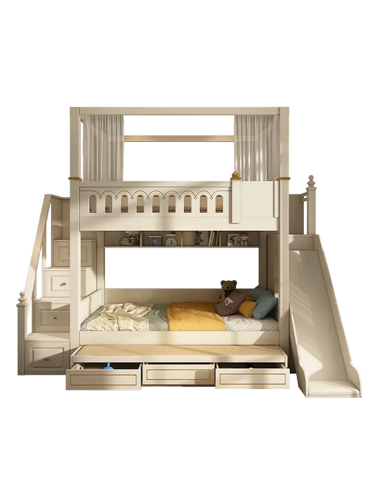 Double layered bed with the same width, full solid wood high and low bed, small unit rubber children\'s bed