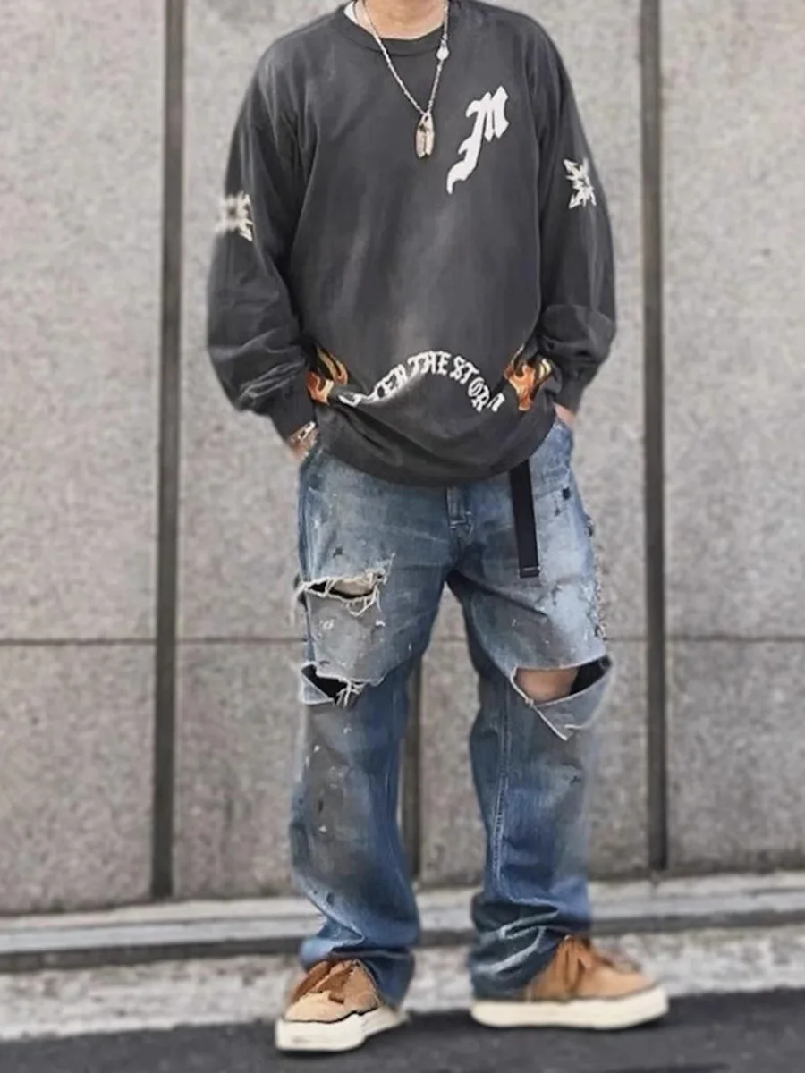 

Retro American Saint Mx6 Heavy Du Denim Jeans Men's Straight Leg Pants with Patch Work Dyeing Logging Hole Wear Resistant