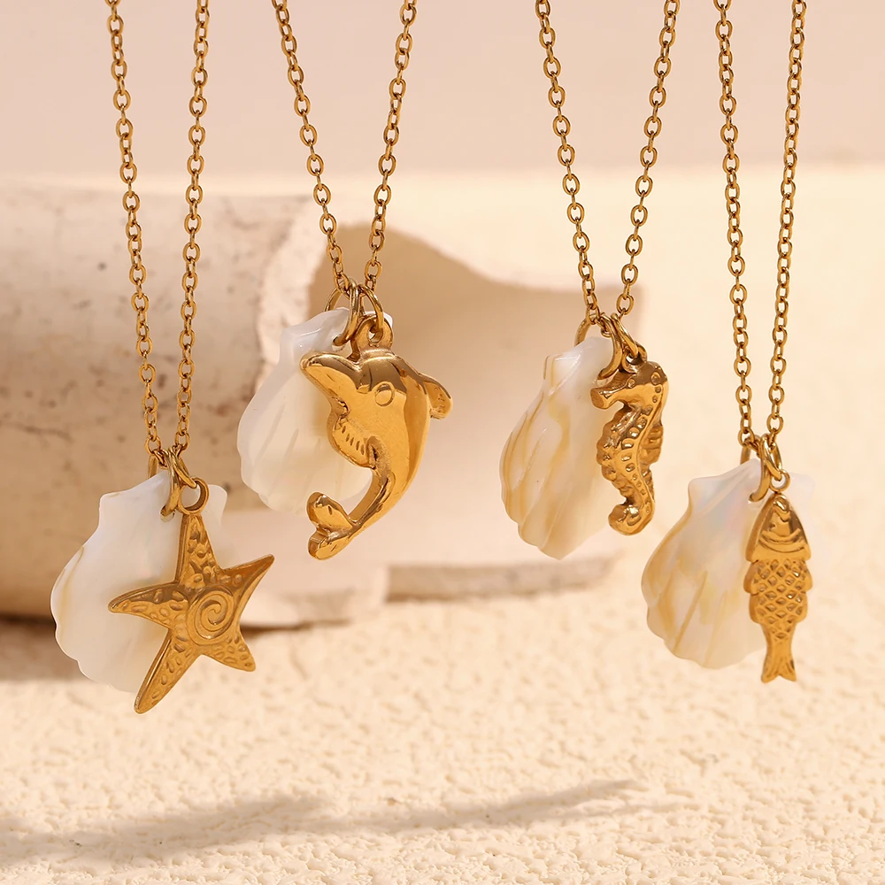 E.B.belle Summer Sea Animals Starfish Dolphin Tortoise Conch Shell Pearl Pendant Stainless steel Ladies Necklaces Jewelry Gift