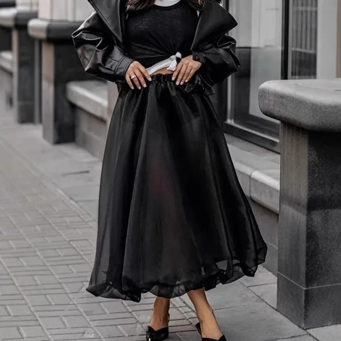 

Юбка А-силуэта с высокой талией, простая французская юбка-пачка длиной до щиколотки, женская юбка из органзы с эффектом прозрачности, сексуальная прозрачная юбка 2026