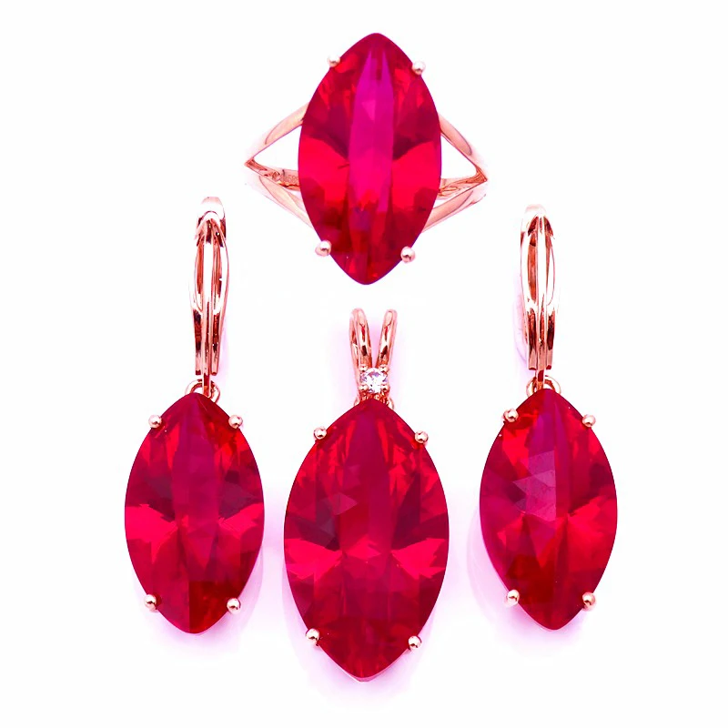 

Classic craftsmanship 585 purple gold 14K rose gold inlaid marquise-shaped ruby ladies jewelry sets simple charm ring earrings