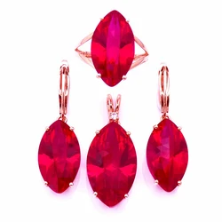 Classic craftsmanship 585 purple gold 14K rose gold inlaid marquise-shaped ruby ladies jewelry sets simple charm ring earrings