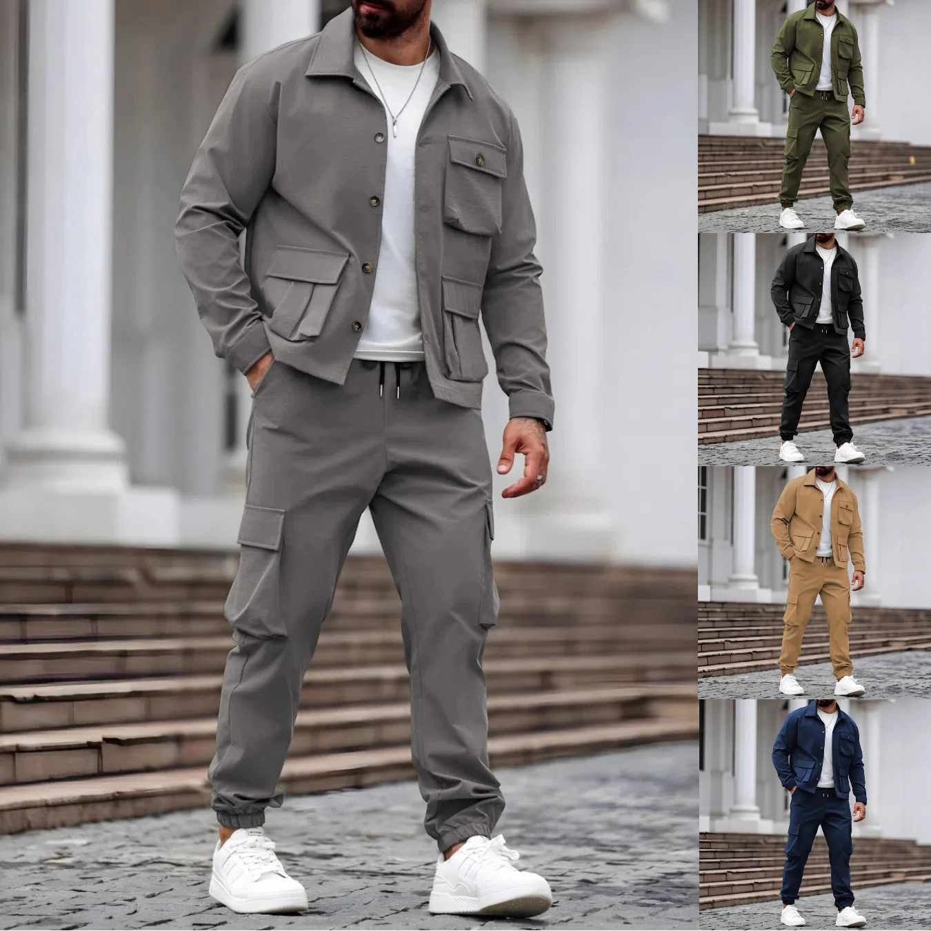 

Мужской костюм весна-осень, из ткани шелл, с множеством карманов, универсальный, повседневный, модный и ретро.