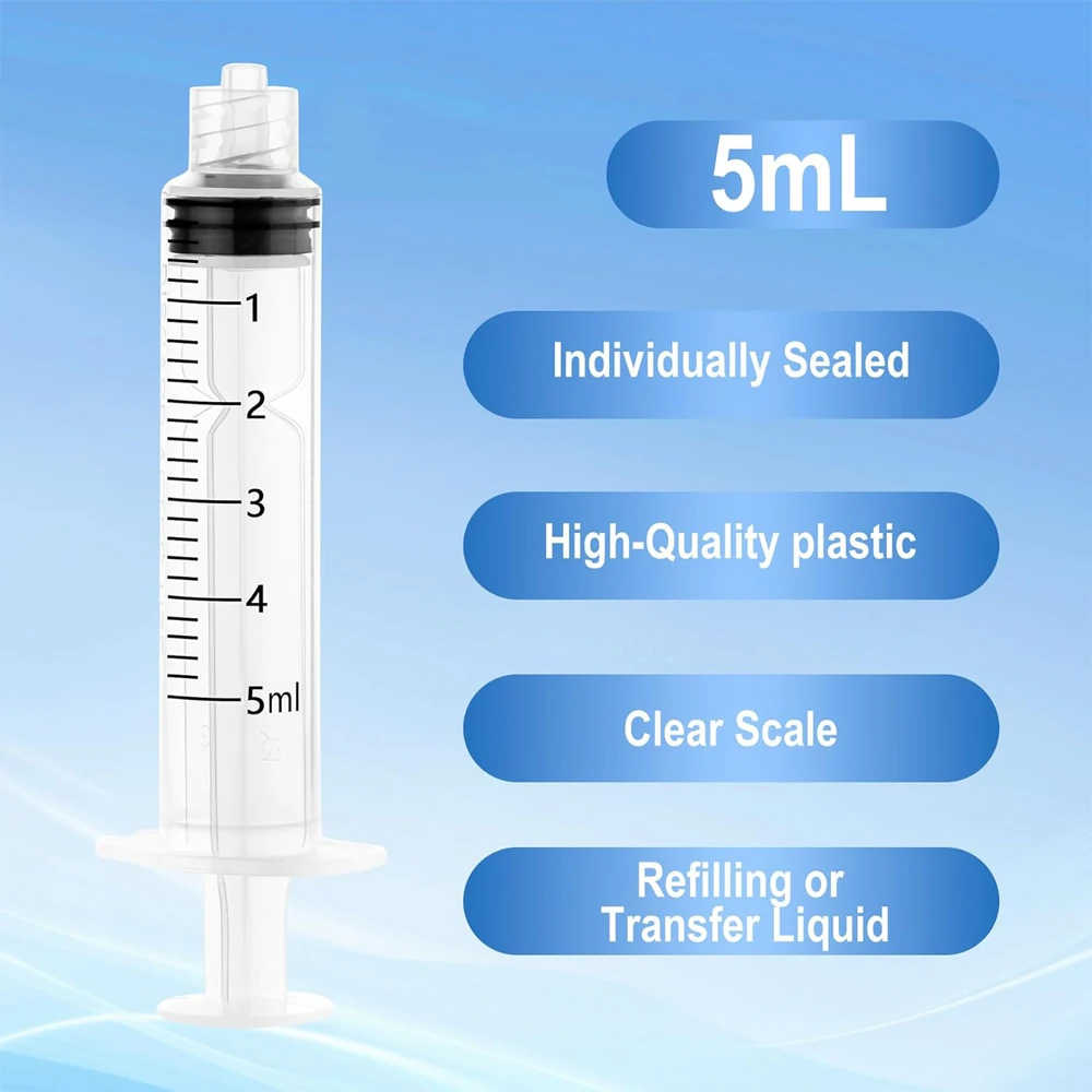 100Pcs 5ml Disposable Sterile Luer Lock Syringe, Individually Wrapped Plastic Syringe for Lab Liquid Measurement