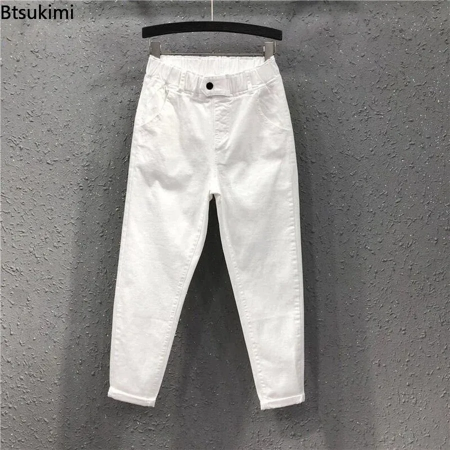 2026 New Women's Jeans Korean Style Harem Pants Elastic Waist Solid Casual Cotton Denim Pants Spring Autumn Baggy Trousers Femme