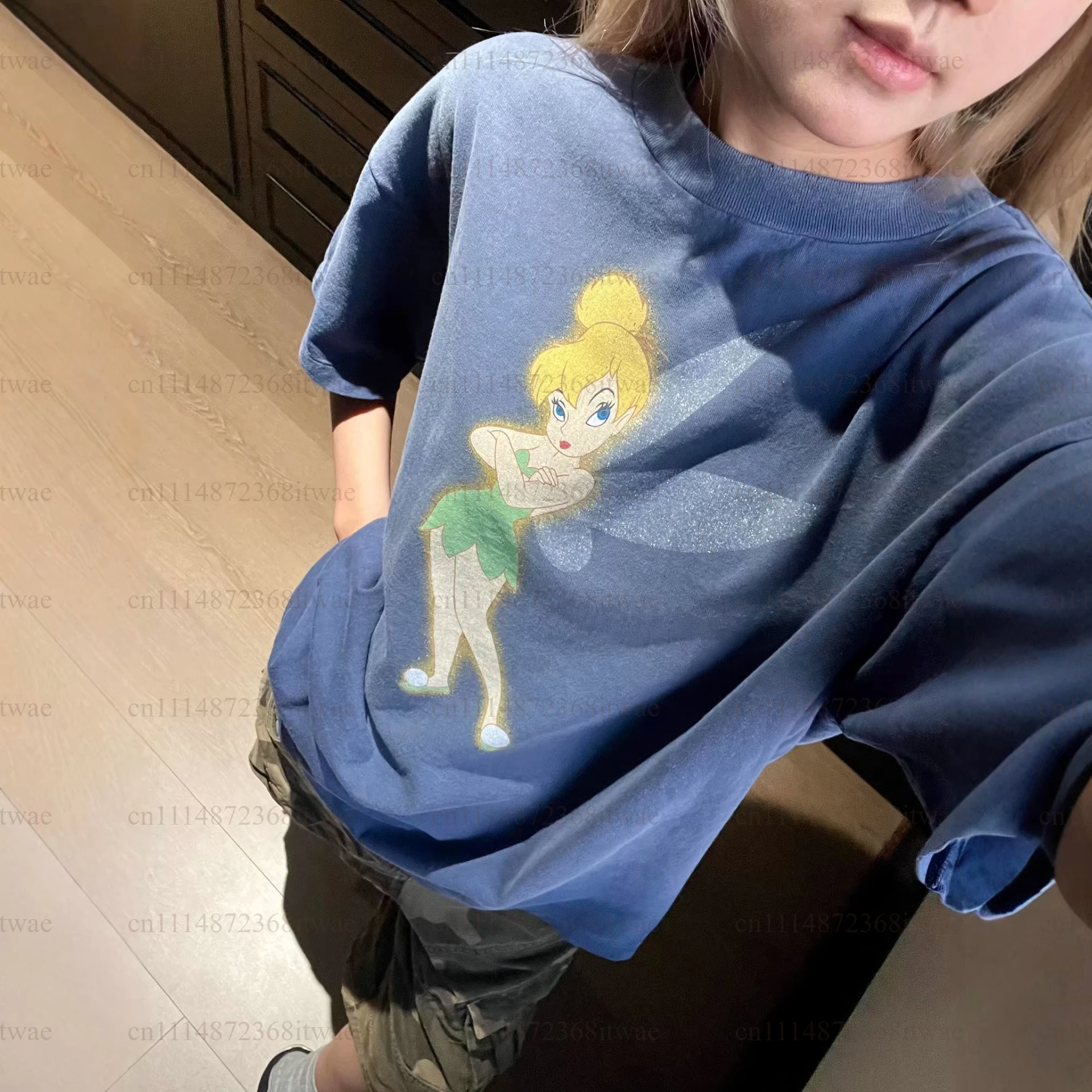 Washed Short Sleeve Loose Cartoon Top Free Optimist Fairy Sprite Print Comfortable Cotton round Neck