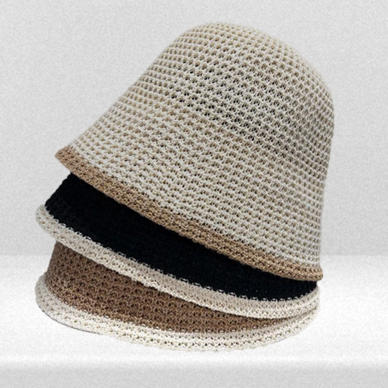 Breathable Knitted bucket Hat Spring and Summer hats for women Vintage Knitting Color blocked milk silk three-dimensional caps