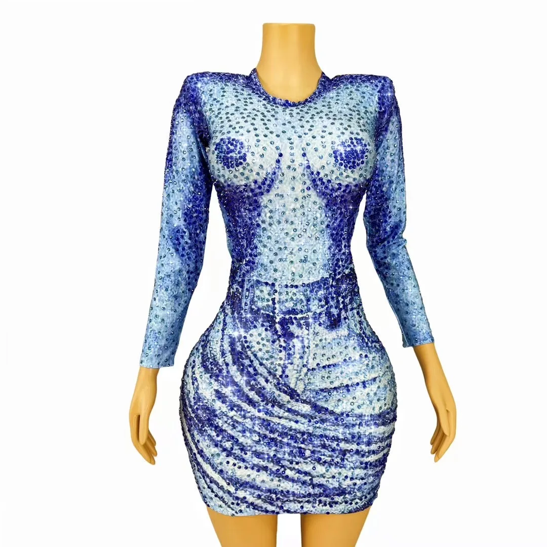 Denim 3d Printing Hot Diamond Slim Dress Singer Stage Performance Suit Night Club Party Gogo Particle Lead Suit