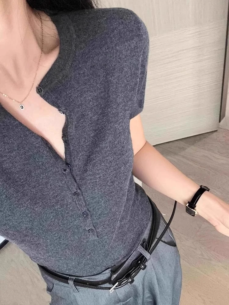 T-shirt da donna lavorata a maglia in seta di ghiaccio ort Sve V-Ne Slim Fit Summer Commute Sle Coreano Faion Abbigliamento interno casual Top