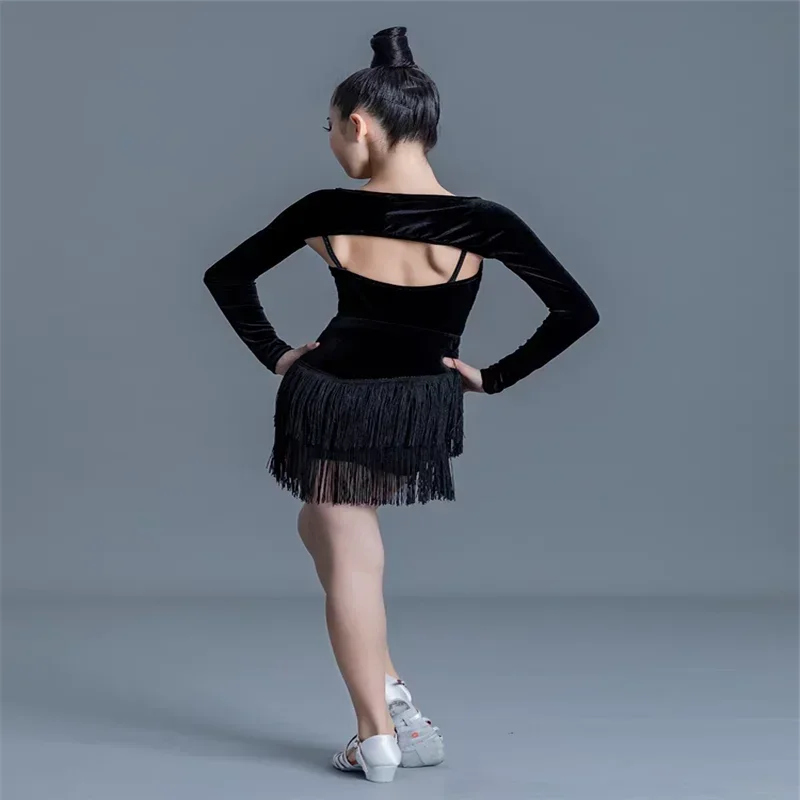 Vestido de baile latino para niños, Sexy, con flecos y borlas, Tango, Salsa, vestidos para niños, Cha-cha, Ropa de baile para ejercicio, trajes de entrenamiento