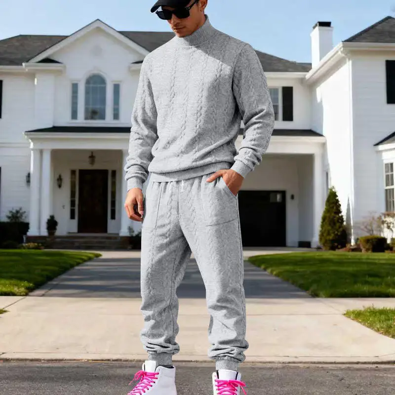 

Men's Winter Knitted High Collar Commute Sports Suit Casual Ensemble Large Size Long Sleeve Long Pants Simple Design