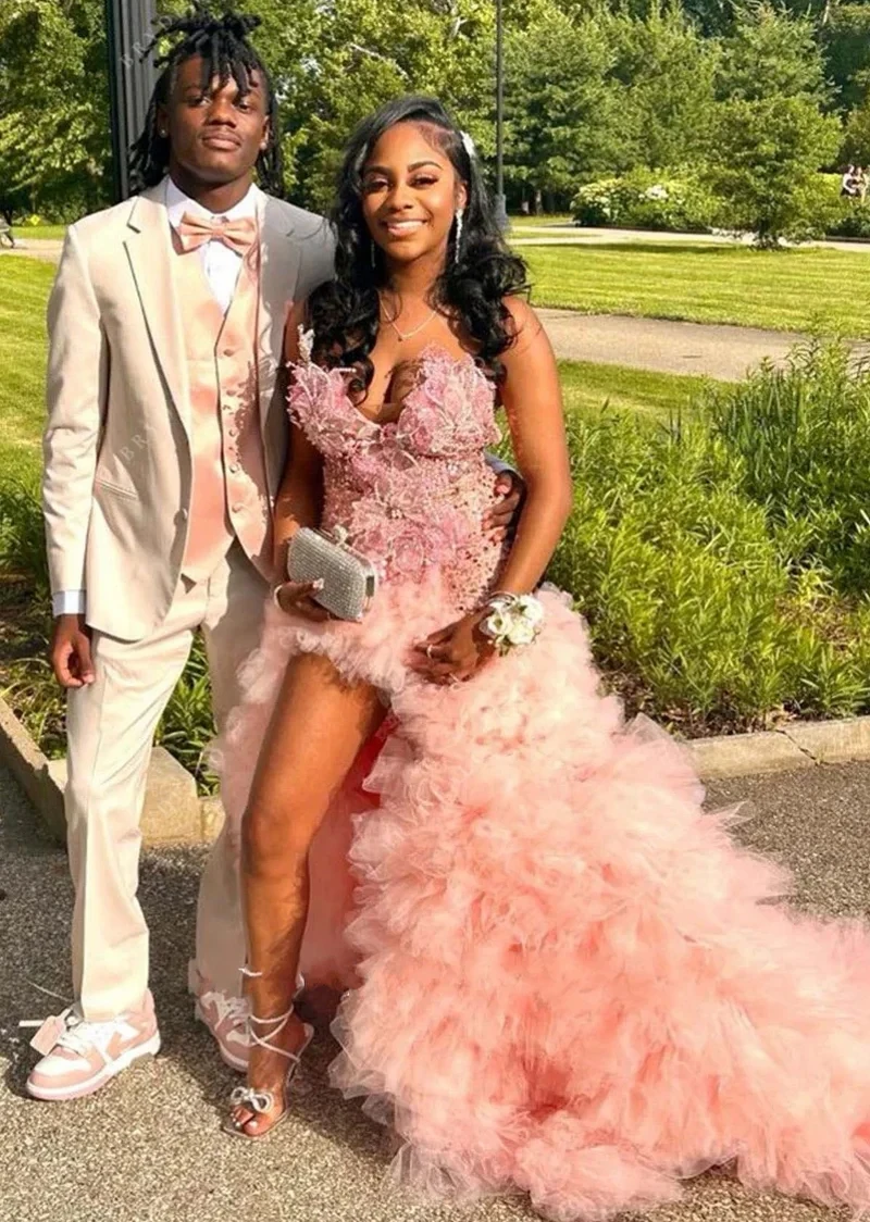 Rosa lange Ballkleider für schwarze Mädchen, herzförmiger Ausschnitt, Blumenmuster, Geburtstagsparty-Kleider, afrikanisches Abendkleid, Robe De 2026, individuell gestaltet