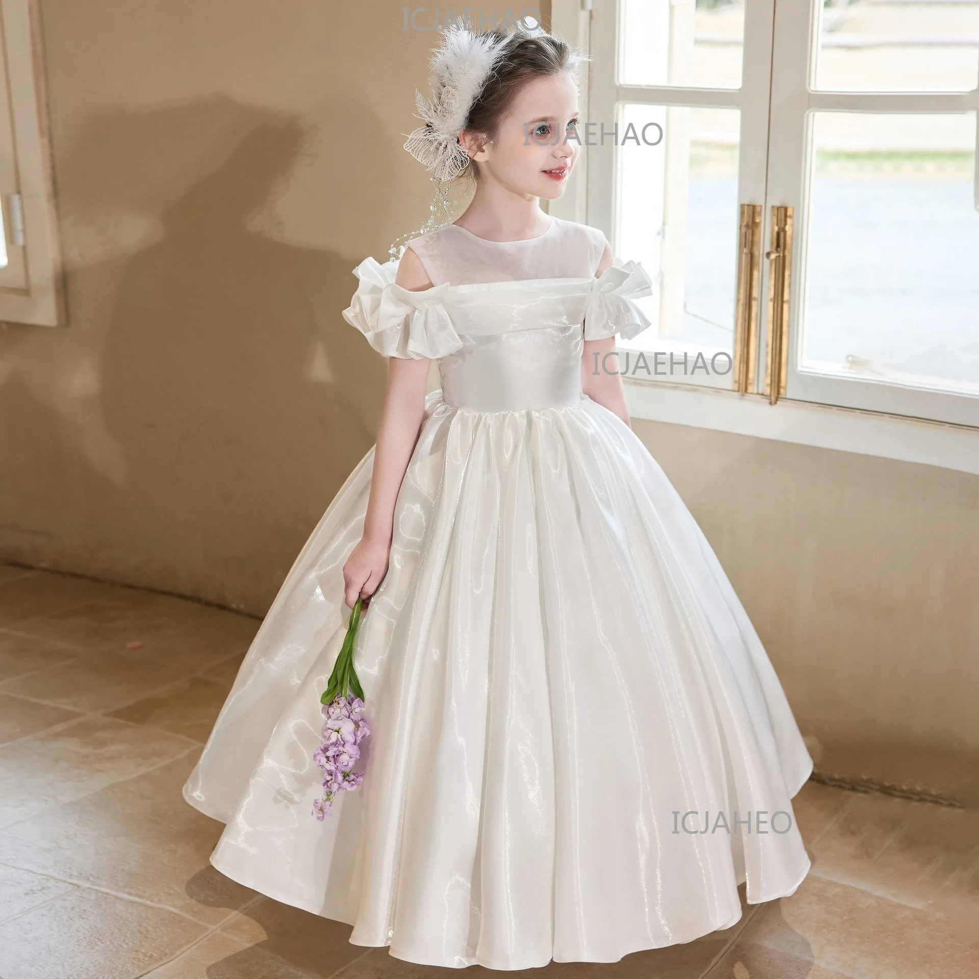 Girls Stunning Birthday Gown Banquet Host Princess Dress Kids Piano Performance White Flower Girl Wedding Dress Children Costume