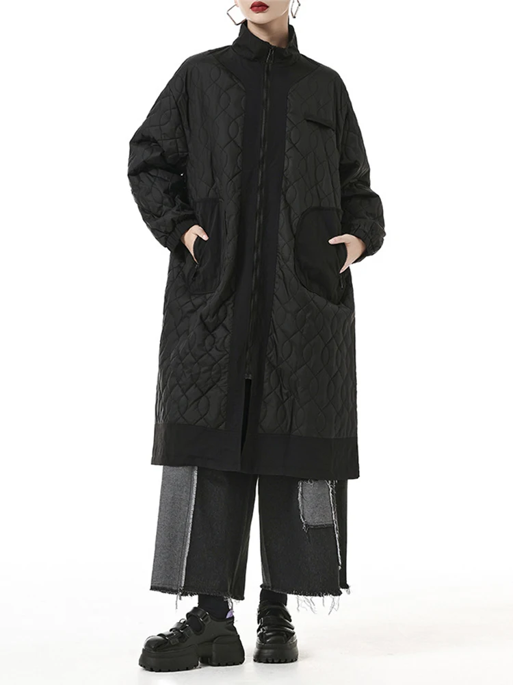 EAM-abrigo largo acolchado de algodón para mujer, Parkas cálidas de manga larga, color negro, talla grande, novedad de otoño e invierno, 1DH3215,