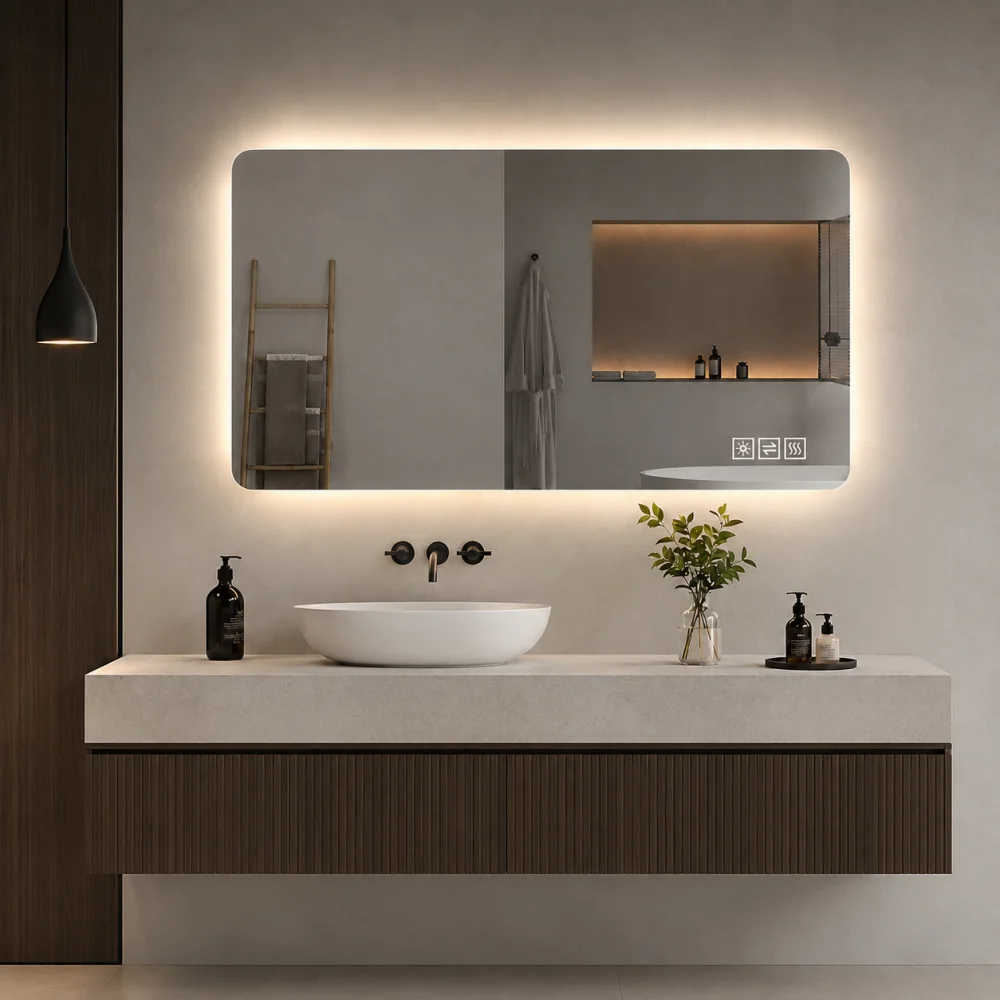 60×100 cm LED-Badezimmerspiegel, korrosionsbeständig, dreifarbige dimmbare Beleuchtung, hintergrundbeleuchtet mit Ein-Tasten-Bedienung zum Schließen