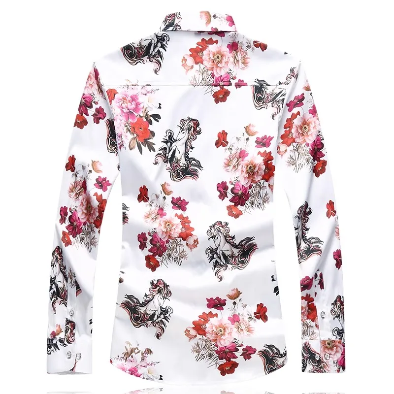 2024 New Men Business Social Flower Shirt Black / White Fashion Male Bar KTV Casual Long-sleeved Shirts