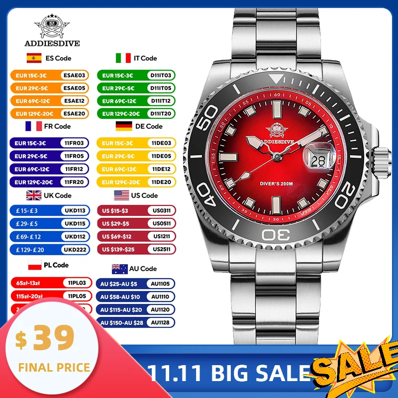 

ADDIESDIVE Кварцевые часы 41 мм Часы с градиентом и вращающимся безелем для мужчин Новые AD2089 BGW9 Светящиеся водонепроницаемые часы для дайвера из нержавеющей стали