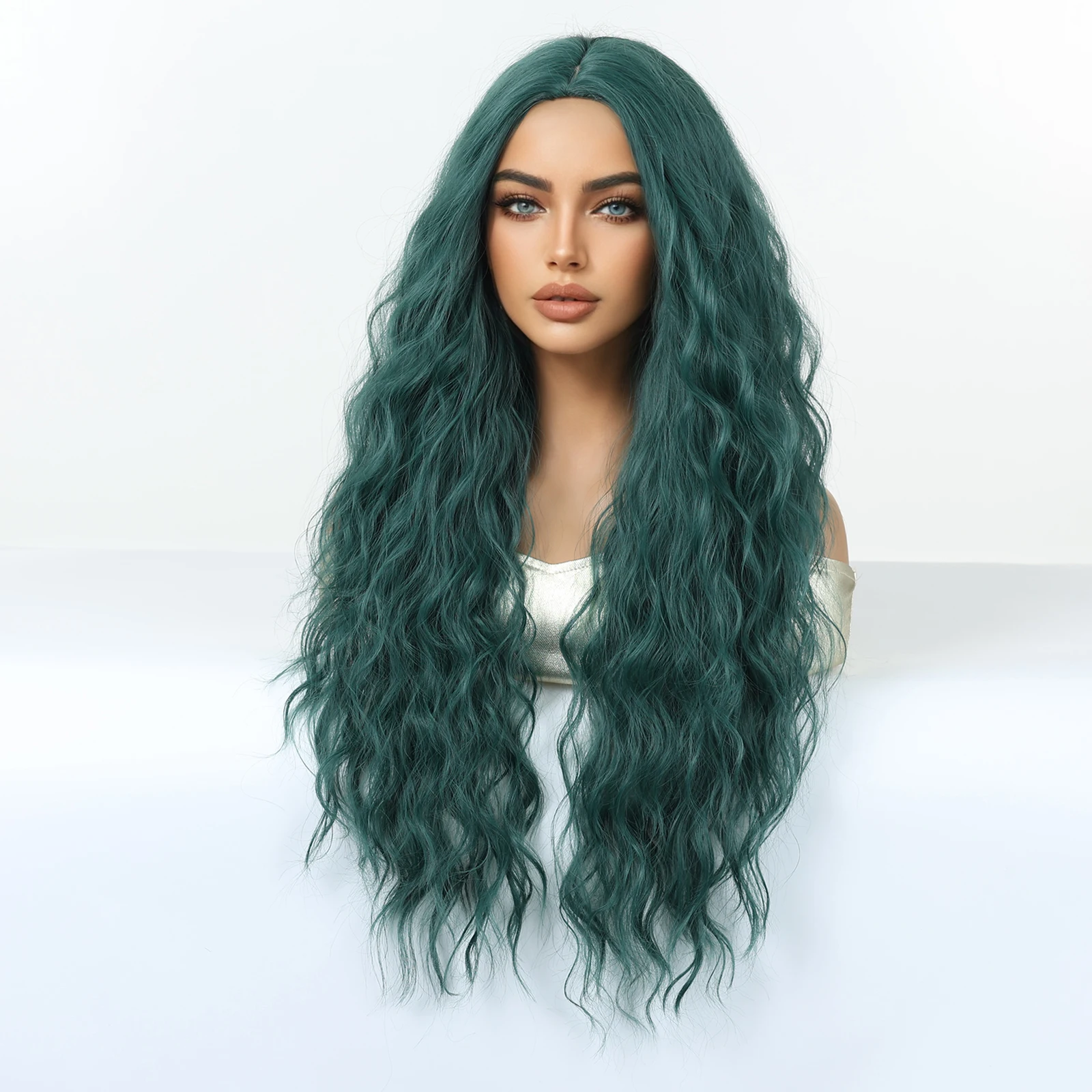 شعر مستعار اصطناعي طويل مموج أخضر داكن الجزء الأوسط شعر مستعار كوسبلاي للنساء شعر طبيعي حفلة عيد الميلاد استخدام شعر مستعار ألياف مقاومة للحرارة