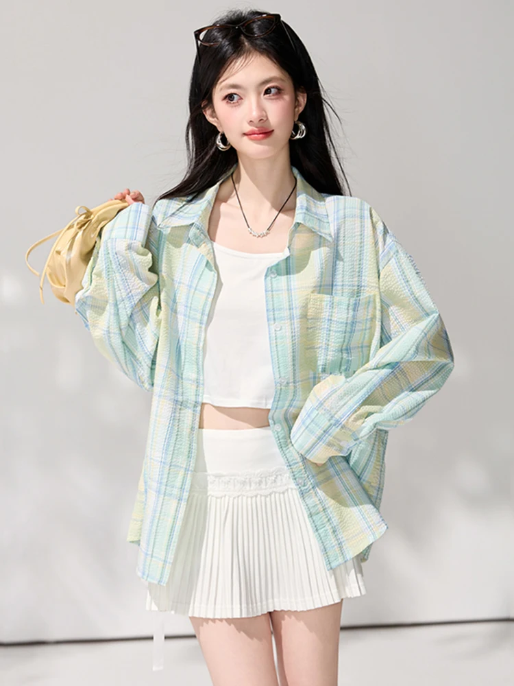 

Весна 2026: Женская свободная блузка с воротником в клетку, удлиненная, с дизайнерским акцентом, дышащая, комфортная, из полиэфирного волокна