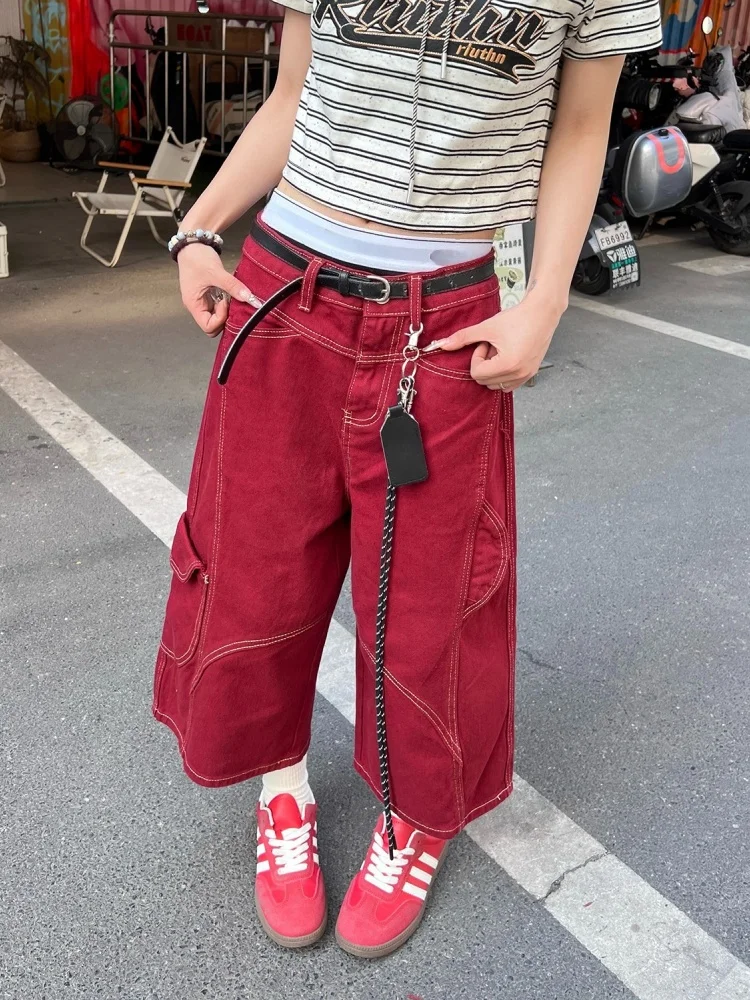 

2026 Ropa Y2K Fashion Red Baggy Women's Summer Capri Jeans Pants For Woman Clothing Wide Leg Casual Loose Cotton Long Trousers