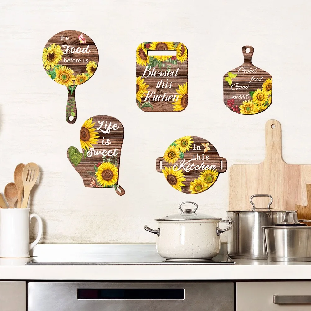Cartoon Sunflower English Tableware Wall Stickers Used For Restaurant Kitchen Home Decoration Wall Refrigerator Stickers