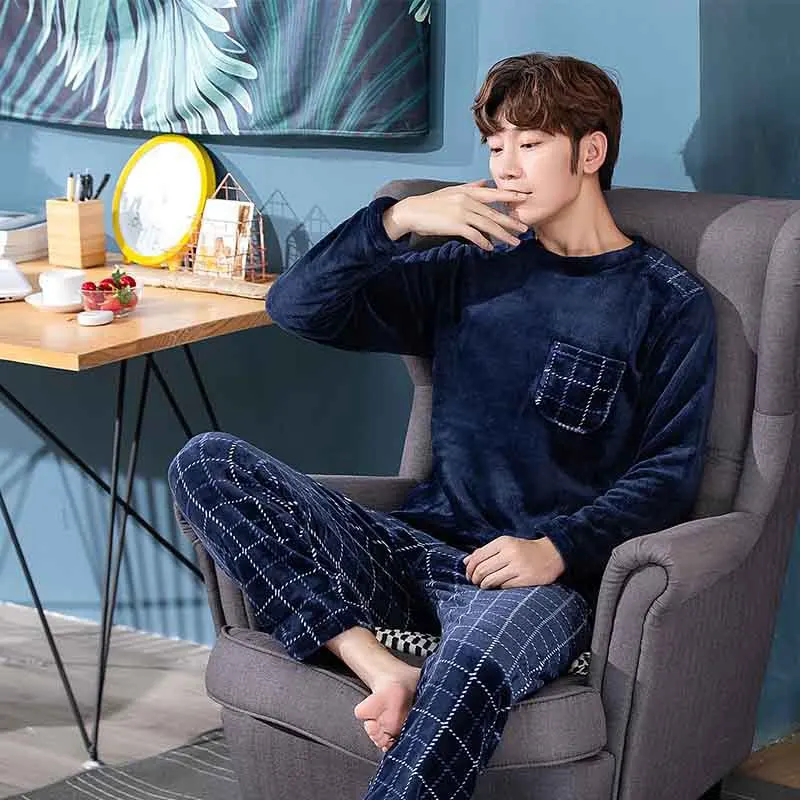 Two Piece Men Autumn and Winter Warm Flannel Pyjamas Sets Blue Long Sleeve Elastic Sleepwear Solid Soft Casual O-Neck homewear