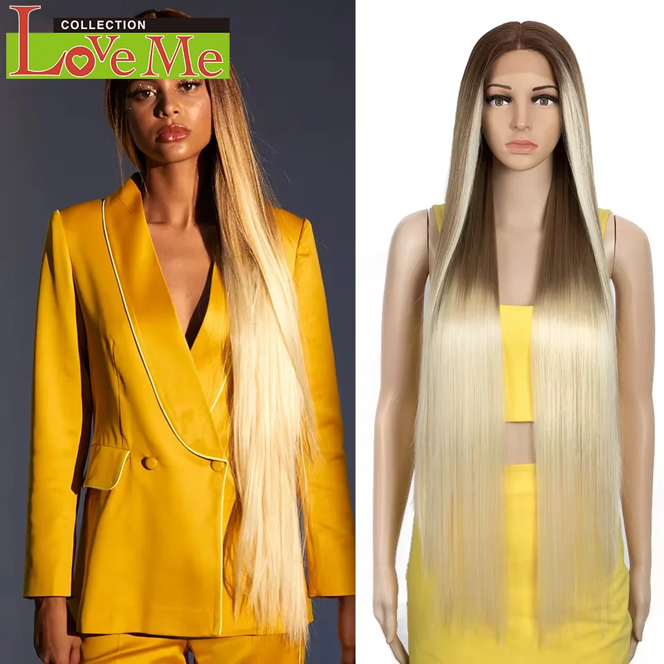 LOVE ME 38 inch Straight Lace Wigs Synthetic Long Straight Hair T Part Lace Wigs Ombre Blonde Brown Cospaly Wigs For Woman