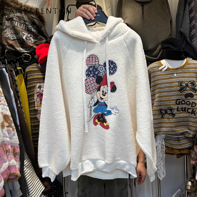 

Fleece-Lined Thickened Hooded Lamb Wool jacket Women's Korean Style Winter Pullover Cartoon Print Mid-Length Loose Warm Coat