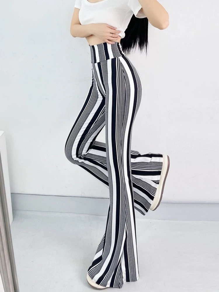 Sexy High Waist Striped Flare Pants Women Streetwear Print Tie Dye Slim Pantalones Vintage Lenggings Spodnie Aesthetic Trousers