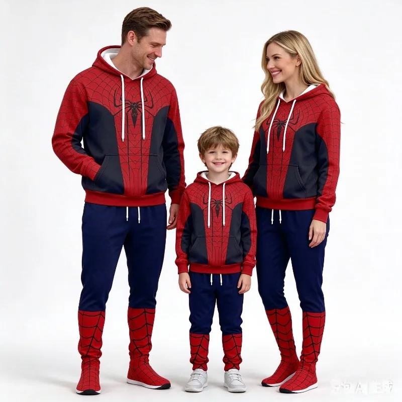 2026/27 Unisex Autumn Winter American Y2K Streetwear Spider Web Hoodie + Jogger Pants 2 Piece Sweat Suit Couple Family Matching