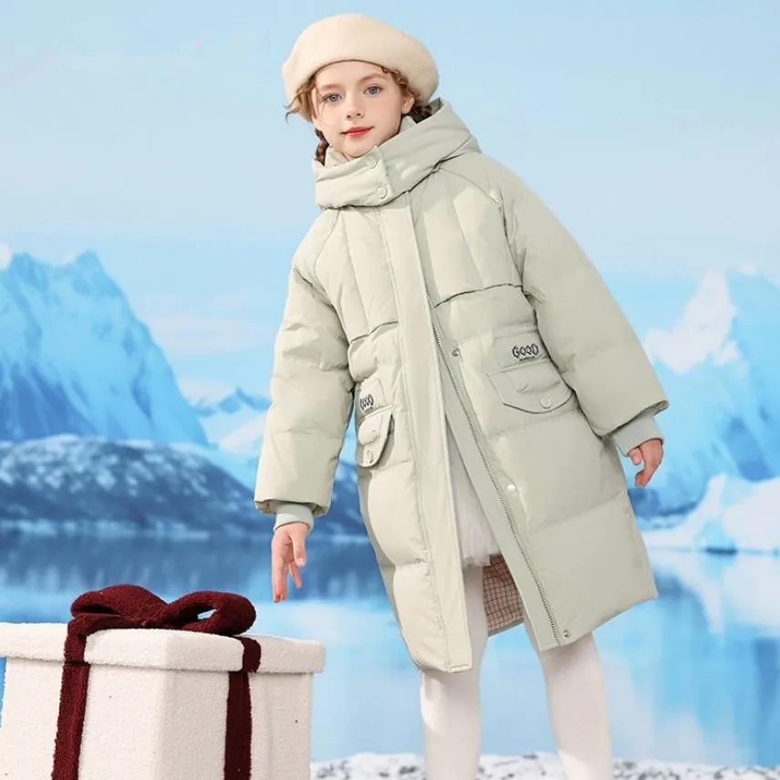 High-End Children's Fashion Long Hooded Down Coat Winter New Girls Windproof Warm Loose Down Jacket A4161