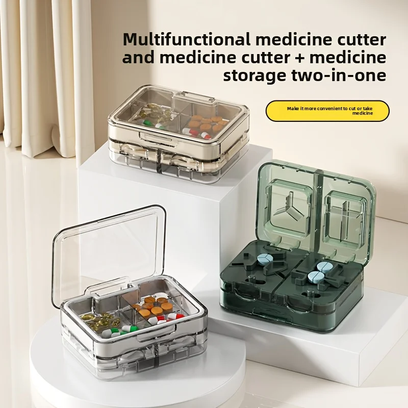 

Портативный резак для таблеток и ящик для хранения Многофункциональный органайзер для лекарств 2-в-1 с прозрачными отделениями Разветвитель для планшетов