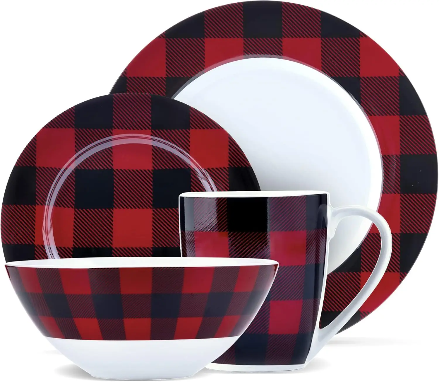 

16-Piece Red Black Plaid Porcelain Dinnerware Set with Bowls, Plates, Mugs, Dishwasher Safe