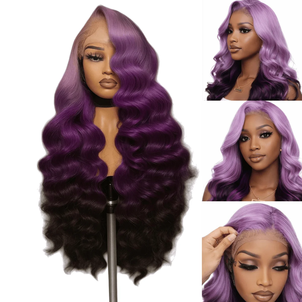 

13x6 Ombre Purple Color Lace Front Human Hair Wig Body Wave Brazilian Virgin Hair Lace Wig 13x4 Lace Frontal Wig For Women 250%