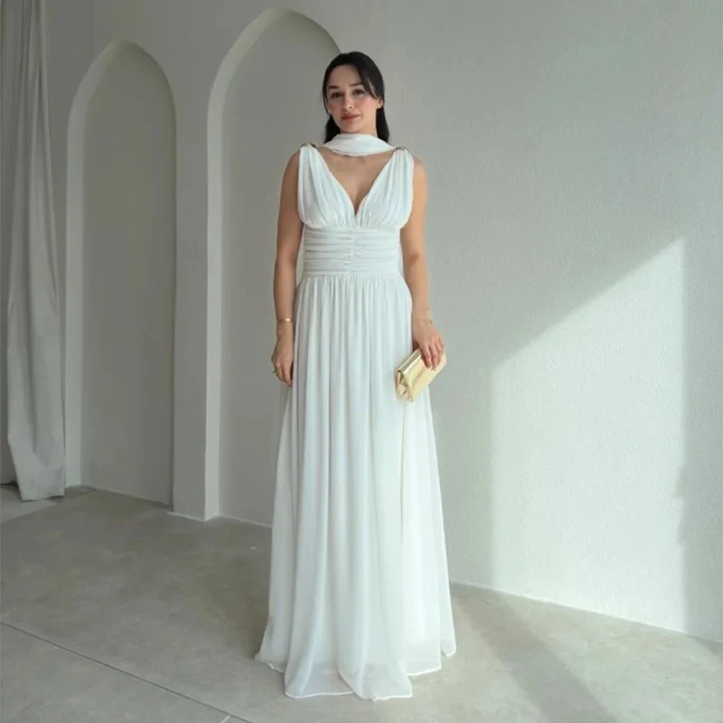 

2026 Spring Summer New Womens Fashion Elegant Desin Solid Color Sleeveless V Neck Backless Ruched Dress