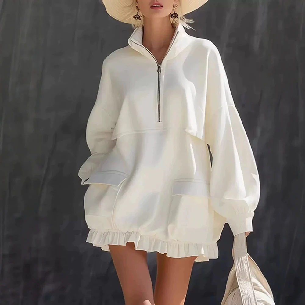 Women's Oversized Half Zip Mini Sweatshirt Dress High Neck Lantern Sleeve Loose Ruffle Hem Casual Streetwear Daily Short Dresses