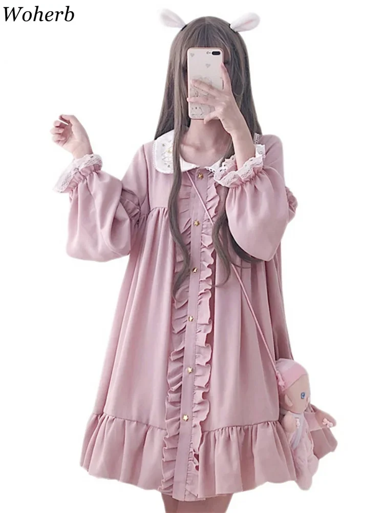 فستان Woherb 2025 للربيع والخريف للنساء Harajuku وردي للسيدات مكشكش برباط فساتين Kawaii لوليتا كوسبلاي فساتين فضفاضة حلوة