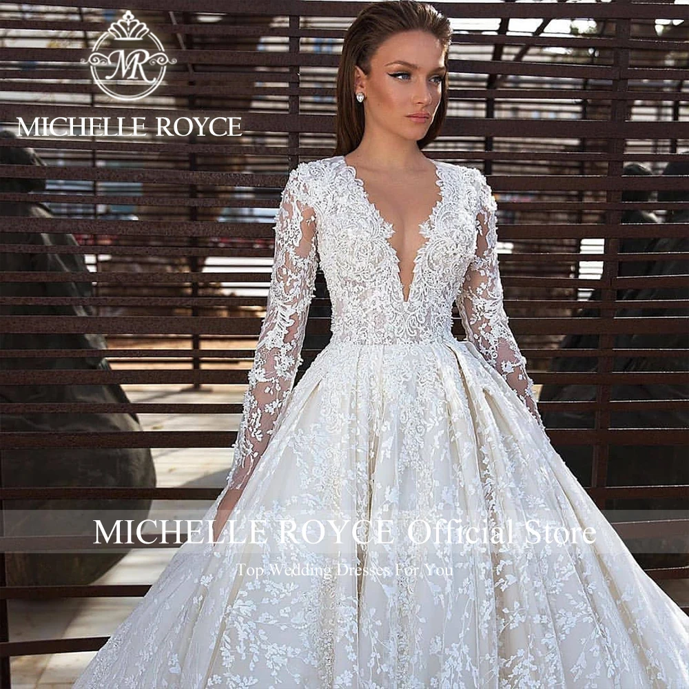 Michelle Royce Vestidos De Novia De lujo para mujer con cuello en V manga larga apliques vestido De Novia romántico Vestidos De Novia