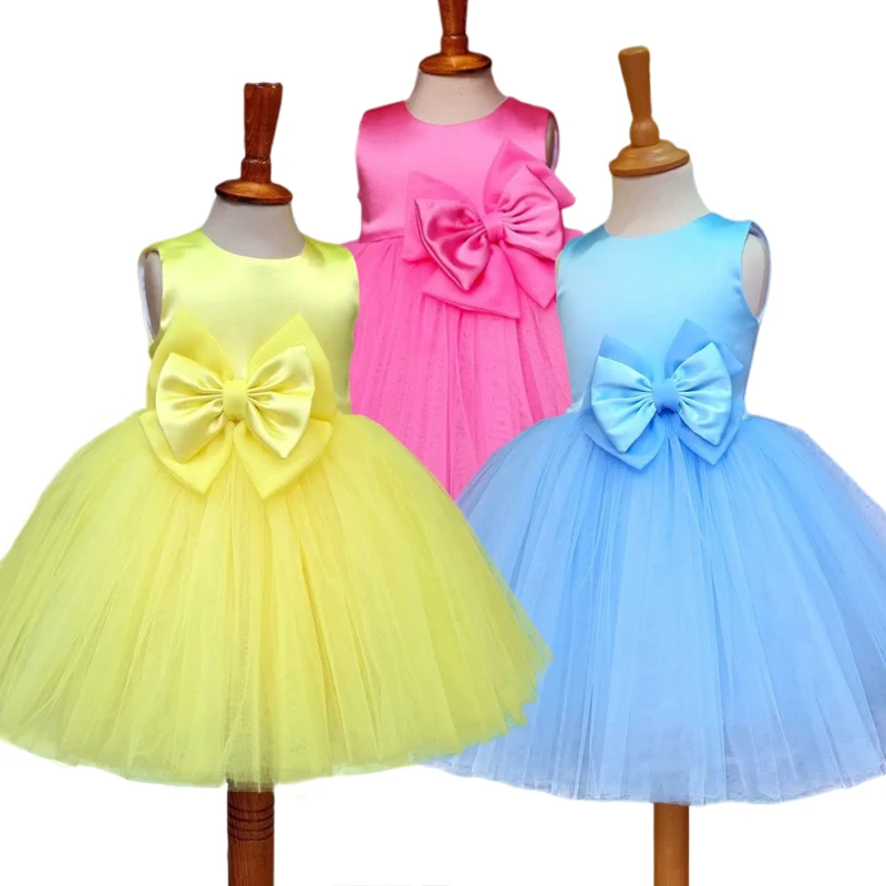 Vestido de fiesta de flores de satén amarillo para niña, vestido elegante hasta la rodilla, hombro inclinado, vestido de cumpleaños para niños, vestido de desfile para niños de 1 a 14 años