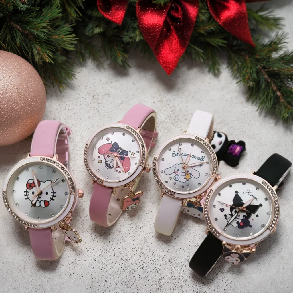 Hello Kitty Kuromi Melody Cinnamonroll orologi per bambini Ragazze Regalo per bambini Orologio da polso Cinturino in pelle quadrante in metallo